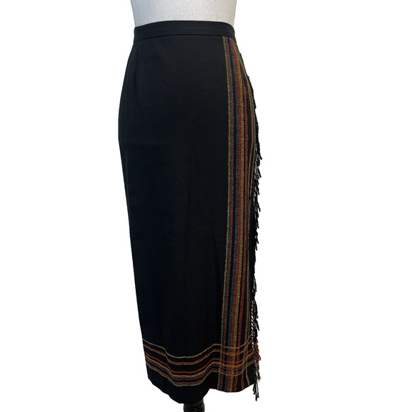 Requirements Long Boho Western Skirt Black Gold Red Fringe Faux Wrap Sz 14 - Picture 1 of 9